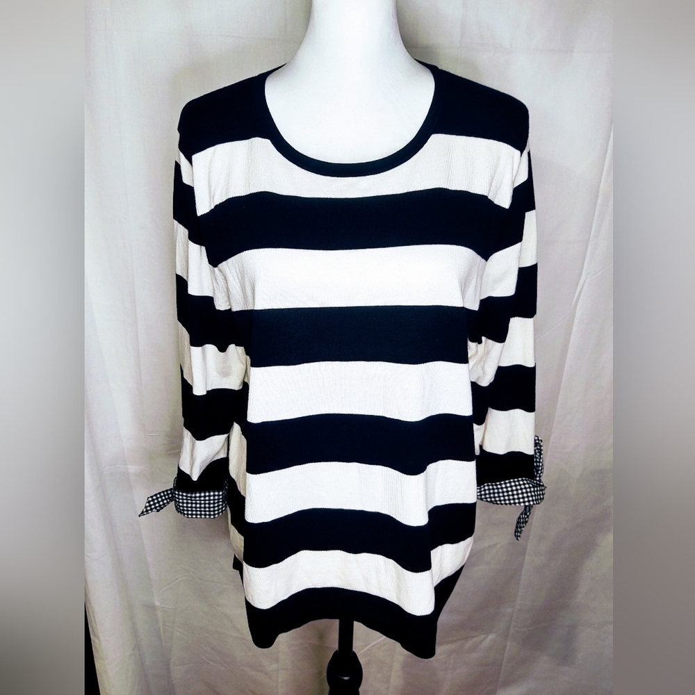 Talbots Striped Sweater Check Tie Sleeve Cuff